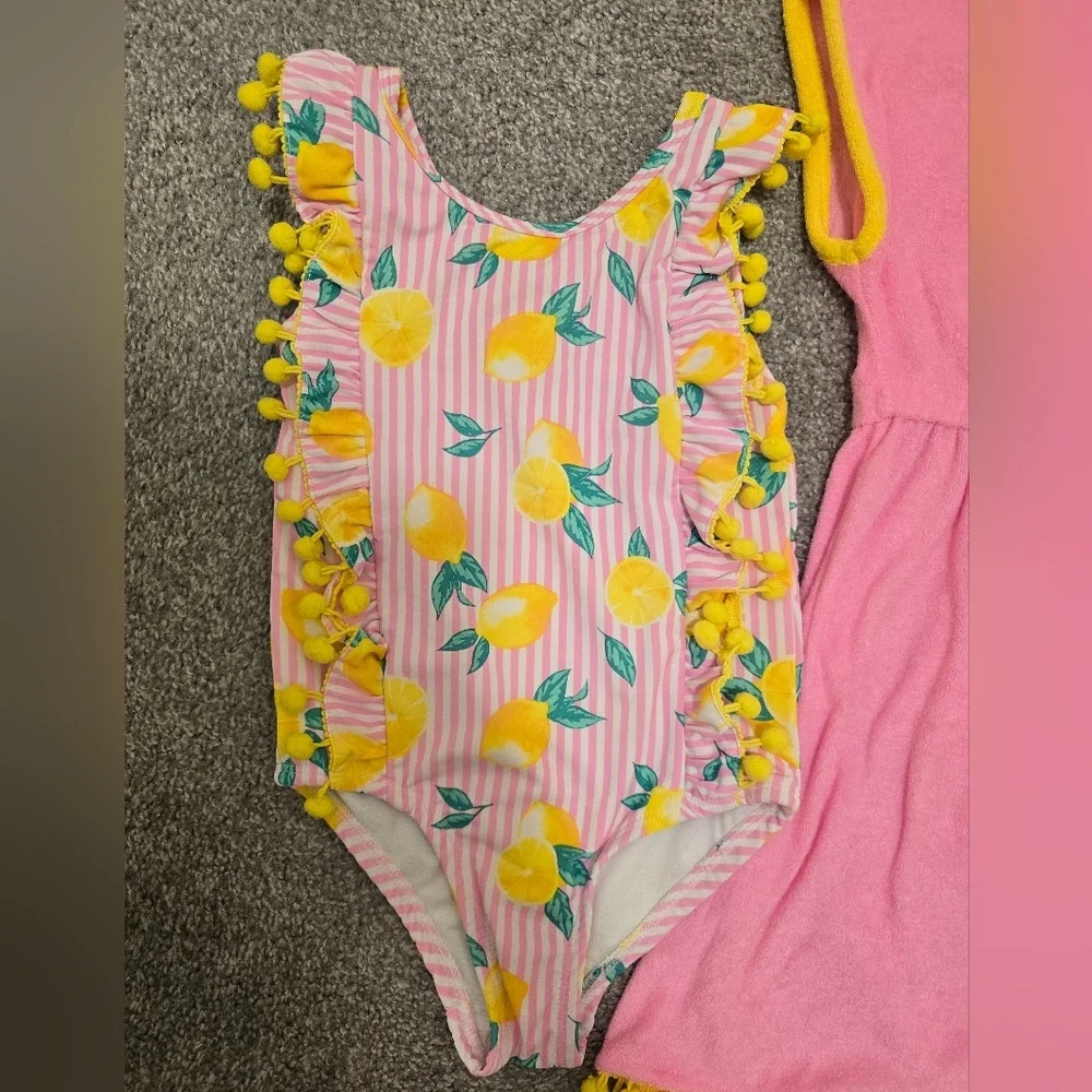 Nicole Miller New York Girls Size 6 Bathing Suit & Cover Up Pink Lemons Pom Poms
